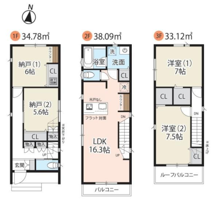 間取り図 全3棟新築分譲住宅！3階建て2LDK+2S（納戸）プラン！