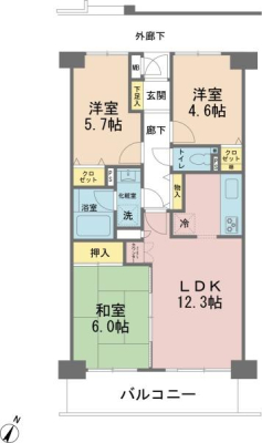 間取り図 LDKは12帖超の3LDK！南東向きにつき陽当たり良好！全居室収納スペースがあり、収納豊富な間取りです！