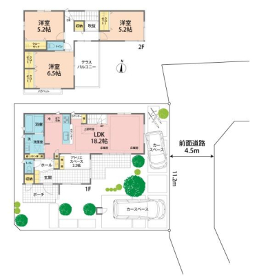 �Ԏ��} ��18.2���̍L�XLDK�𒆐S�ɁA��Q��6.5���{�m��2������z�u����4LDK�B2�K�ɂ̓e���X�o���R�j�[�t���ŊJ�����ǍD�B���։����[��A�g���G�X�y�[�X�ȂǁA�@�\���Ƃ�Ƃ�����˔������Ԏ��ł��B